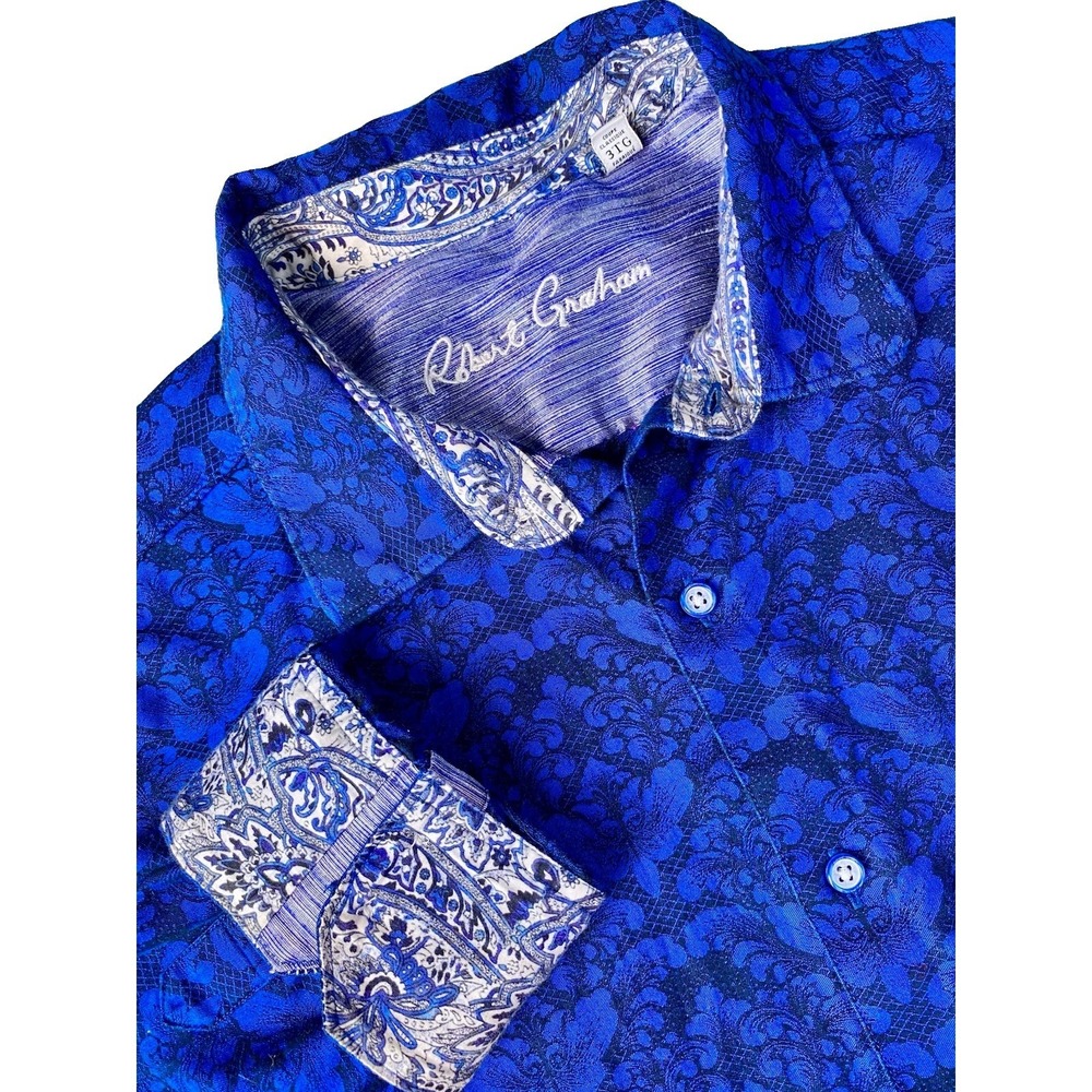 Robert Graham Dress Shirt Men 3XL Blue Flip Cuff Button Up Long Sleeve AOP